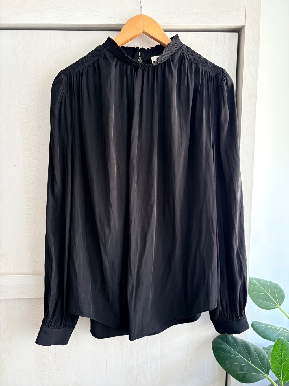 Wilfred Black Smocked-Neck Long Sleeve Blouse